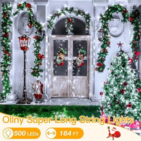 Ollny 500 LED 164ft Cool White Christmas Lights (Green Cable, Plug in, 8 Modes, IP44 Waterproof)