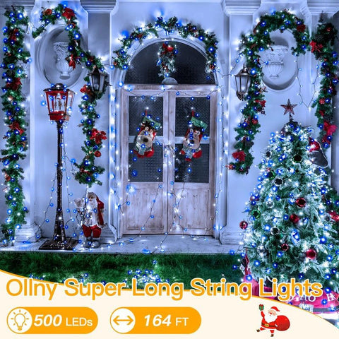 Ollny 500 LED 164ft Blue and White Christmas Lights (Green Cable, Plug in, 8 Modes, IP44 Waterproof)