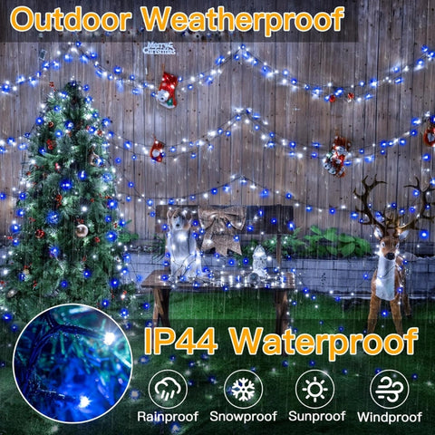 Ollny 500 LED 164ft Blue and White Christmas Lights (Green Cable, Plug in, 8 Modes, IP44 Waterproof)