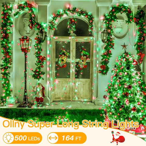 Ollny 500 LED 164ft Red and Green Christmas Lights (Green Cable, Plug in, 8 Modes, IP44 Waterproof)