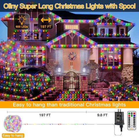 Ollny 600 LED 197ft Multicolor IP67 Waterproof Christmas Lights (Clear Wire, Plug in, 8 Modes)