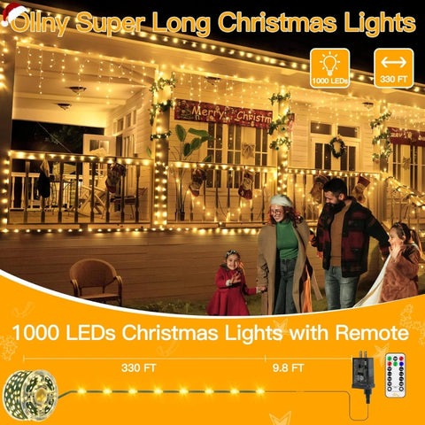 Ollny 1000 LED 330ft Warm White IP67 Waterproof Christmas String Lights (Green Wire, Plug in, 8 Modes)