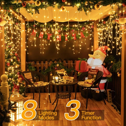 Ollny 720 LED 60ft Warm White Christmas Icicle Lights (Clear Cable, Plug in, 8 Modes), Connectable up to 3 Sets