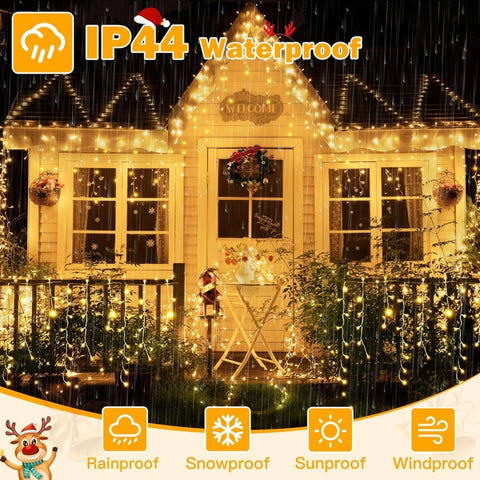 Ollny 720 LED 60ft Warm White Christmas Icicle Lights (Clear Cable, Plug in, 8 Modes), Connectable up to 3 Sets