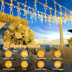 Ollny 720 LED 60ft Warm White Wedding Icicle Lights (Clear Cable, Plug in, 8 Modes), Connectable up to 3 Sets