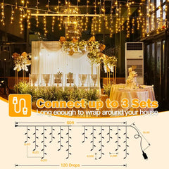 Ollny 720 LED 60ft Warm White Wedding Icicle Lights (Clear Cable, Plug in, 8 Modes), Connectable up to 3 Sets