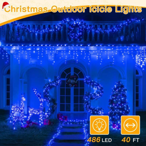 Ollny 486 LED 40ft Blue Icicle Christmas Lights (Clear Cable, Plug in, 8 Modes), Connectable up to 3 Sets