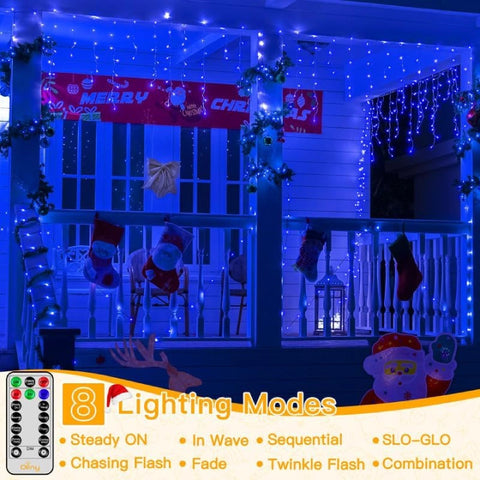 Ollny 486 LED 40ft Blue Icicle Christmas Lights (Clear Cable, Plug in, 8 Modes), Connectable up to 3 Sets