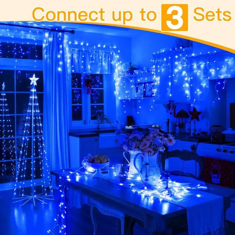 Ollny 486 LED 40ft Blue Icicle Christmas Lights (Clear Cable, Plug in, 8 Modes), Connectable up to 3 Sets