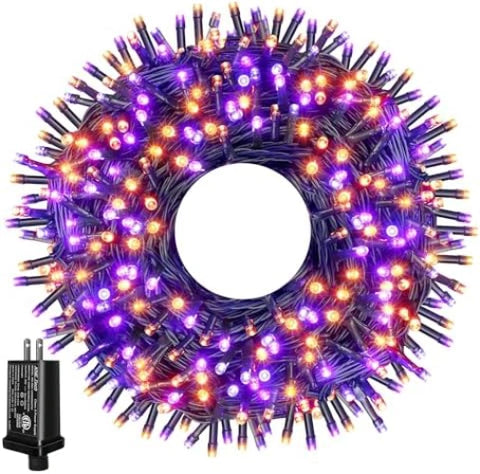 300 LED 100ft Purple & Orange Halloween Lights (Green Cable, Plug in, 8 Modes)