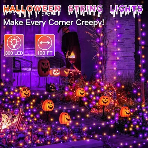 300 LED 100ft Purple & Orange Halloween Lights (Green Cable, Plug in, 8 Modes)