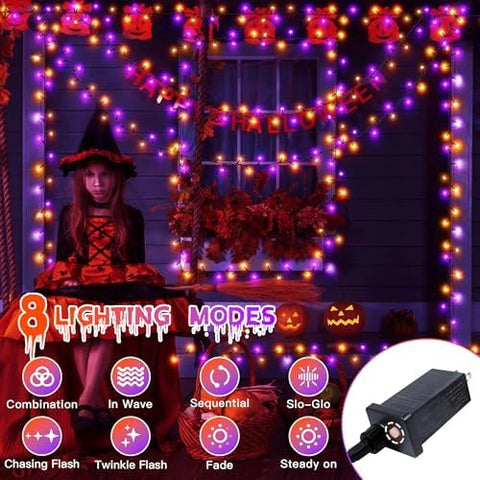 300 LED 100ft Purple & Orange Halloween Lights (Green Cable, Plug in, 8 Modes)