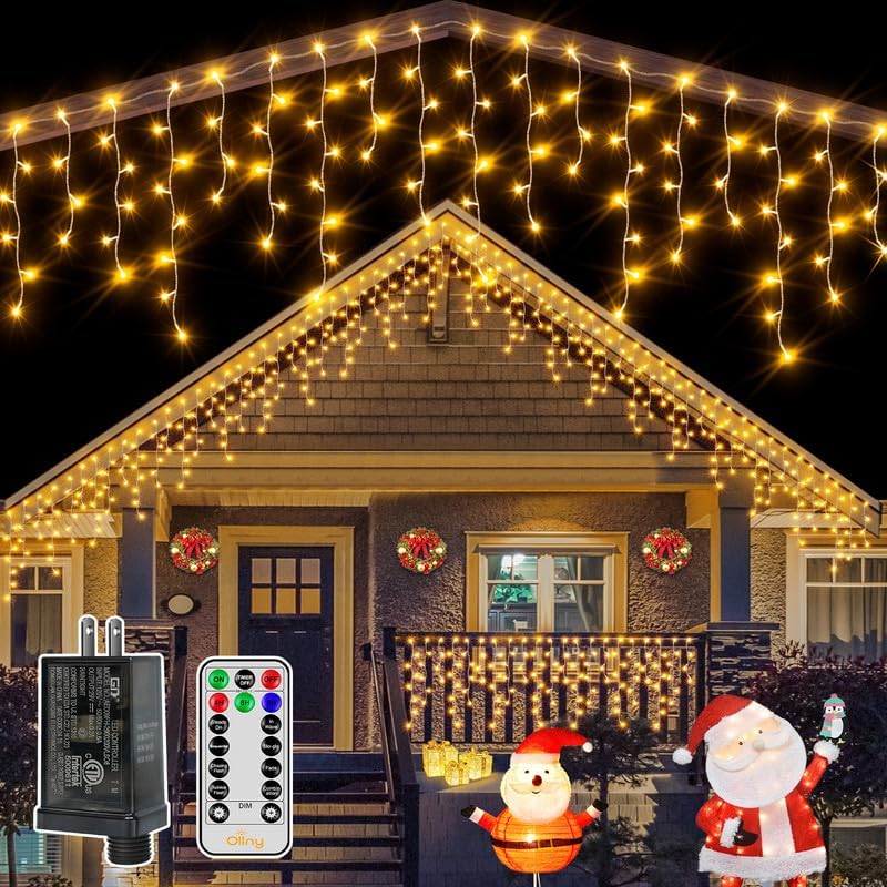 Ollny 486 LED 40ft Warm White Christmas Icicle Lights (Clear Cable, Plug in, 8 Modes), Connectable up to 3 Sets