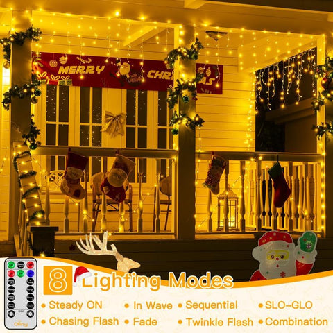 Ollny 486 LED 40ft Warm White Christmas Icicle Lights (Clear Cable, Plug in, 8 Modes), Connectable up to 3 Sets