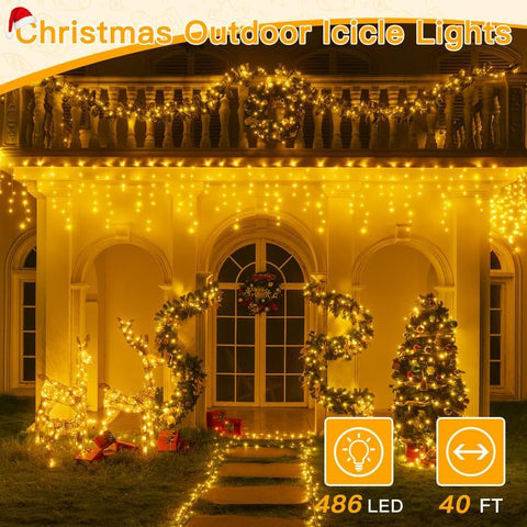 Ollny 486 LED 40ft Warm White Christmas Icicle Lights (Clear Cable, Plug in, 8 Modes), Connectable up to 3 Sets