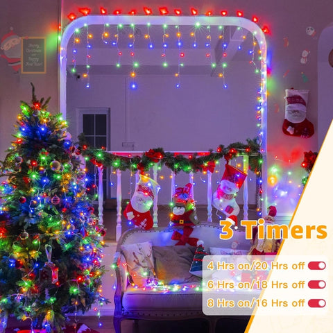 Ollny 720 LED 60ft Multicolor Christmas Icicle Lights (Clear Cable, Plug in, 8 Modes), Connectable up to 3 Sets