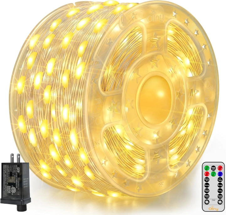 Ollny 600 LED 197ft Warm White IP67 Waterproof Christmas Lights (Clear Wire, Plug in, 8 Modes)