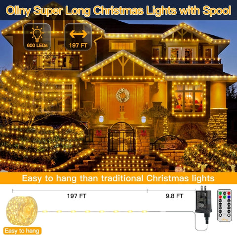 Ollny 600 LED 197ft Warm White IP67 Waterproof Christmas Lights (Clear Wire, Plug in, 8 Modes)