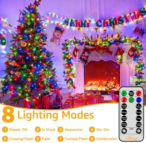 Ollny 600 LED 198ft Multicolor IP67 Waterproof Christmas Lights (Green Wire, Plug in, 8 Modes)