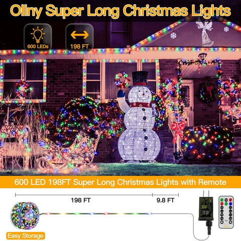 Ollny 600 LED 198ft Multicolor IP67 Waterproof Christmas Lights (Green Wire, Plug in, 8 Modes)