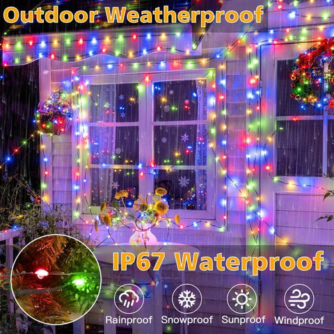 Ollny 600 LED 198ft Multicolor IP67 Waterproof Christmas Lights (Green Wire, Plug in, 8 Modes)