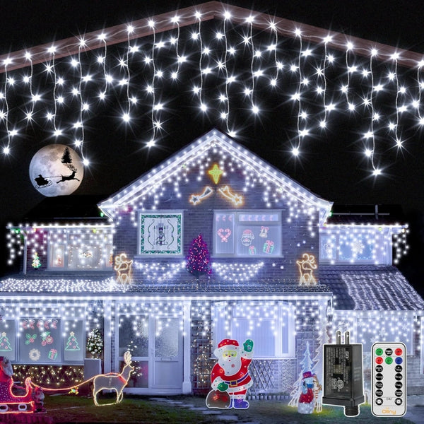 Ollny 720 LED 60ft Cool White Christmas Icicle Lights (Clear Cable, Plug in, 8 Modes), Connectable up to 3 Sets