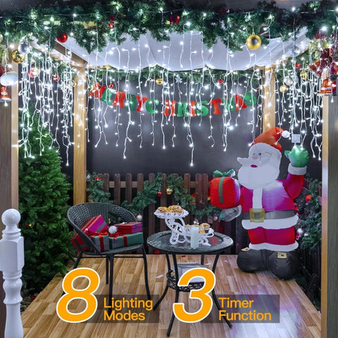 Ollny 720 LED 60ft Cool White Christmas Icicle Lights (Clear Cable, Plug in, 8 Modes), Connectable up to 3 Sets