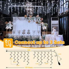 Ollny 720 LED 60ft Cool White Wedding Icicle Lights (Clear Cable, Plug in, 8 Modes), Connectable up to 3 Sets