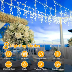 Ollny 720 LED 60ft Cool White Wedding Icicle Lights (Clear Cable, Plug in, 8 Modes), Connectable up to 3 Sets