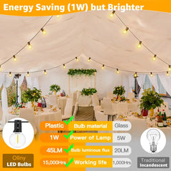 Ollny 150FT G40 Outdoor Wedding Patio Lights (75 Bulbs, IP45 Waterproof, Connectable, 6 Spare Bulbs)