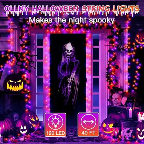 120 LED 40ft Purple & Orange Halloween Lights (Clear Cable, Plug in, 8 Modes, Connectable)