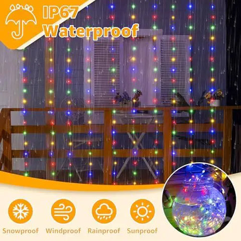 300 LED 9.8ft*9.8ft Multicolor Curtain Lights (Clear Cable, 8 Modes, Connectable, IP67 Waterproof, Plug-in)