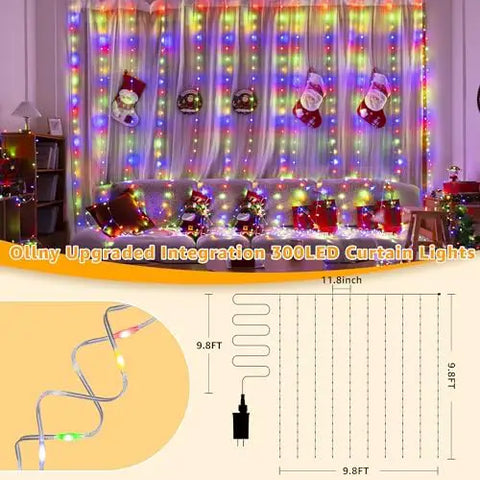 300 LED 9.8ft*9.8ft Multicolor Curtain Lights (Clear Cable, 8 Modes, Connectable, IP67 Waterproof, Plug-in)