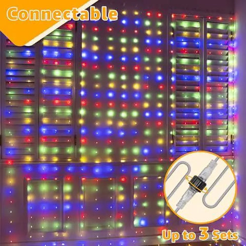 300 LED 9.8ft*9.8ft Multicolor Curtain Lights (Clear Cable, 8 Modes, Connectable, IP67 Waterproof, Plug-in)