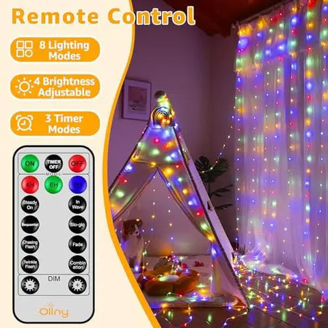 300 LED 9.8ft*9.8ft Multicolor Curtain Lights (Clear Cable, 8 Modes, Connectable, IP67 Waterproof, Plug-in)