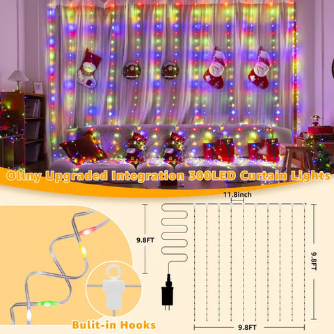 Ollny 300 LED 9.8ft*9.8ft Multicolor Curtain Lights (Clear Cable, 8 Modes, Connectable, IP67 Waterproof, Plug-in)