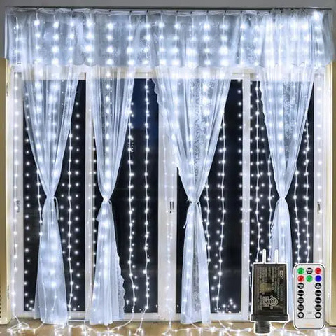 300 LED 9.8ft*9.8ft Cool White Curtain Lights (Clear Cable, 8 Modes, Connectable, IP67 Waterproof, Plug-in)