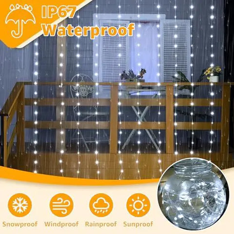 300 LED 9.8ft*9.8ft Cool White Curtain Lights (Clear Cable, 8 Modes, Connectable, IP67 Waterproof, Plug-in)