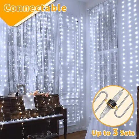 300 LED 9.8ft*9.8ft Cool White Curtain Lights (Clear Cable, 8 Modes, Connectable, IP67 Waterproof, Plug-in)