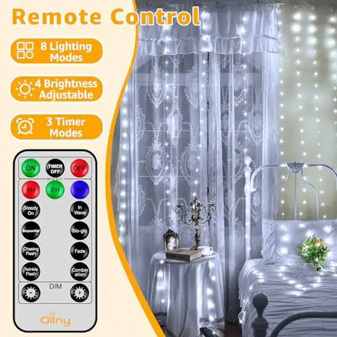 Ollny 300 LED 9.8ft*9.8ft Cool White Curtain Lights (Clear Cable, 8 Modes, Connectable, IP67 Waterproof, Plug-in)