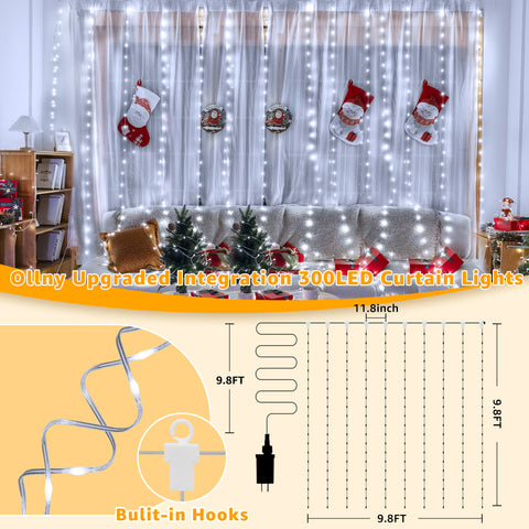 Ollny 300 LED 9.8ft*9.8ft Cool White Curtain Lights (Clear Cable, 8 Modes, Connectable, IP67 Waterproof, Plug-in)