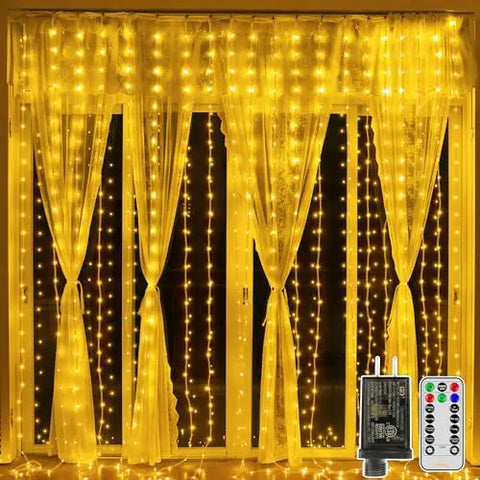 300 LED 9.8ft*9.8ft Warm White Curtain Lights (Clear Cable, 8 Modes, Connectable, IP67 Waterproof, Plug-in)