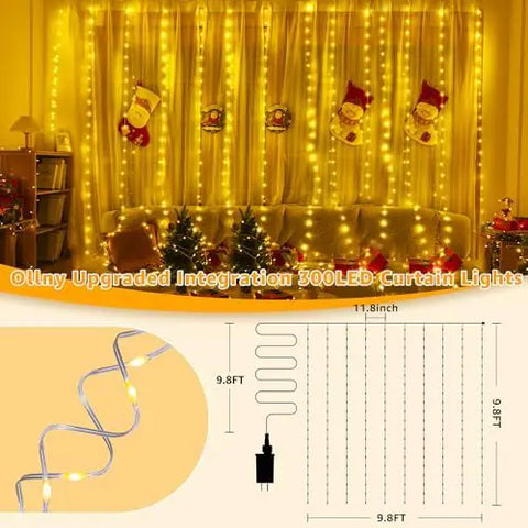 300 LED 9.8ft*9.8ft Warm White Curtain Lights (Clear Cable, 8 Modes, Connectable, IP67 Waterproof, Plug-in)