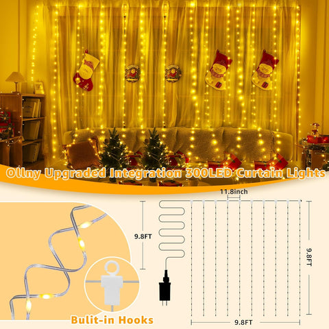 Ollny 300 LED 9.8ft*9.8ft Warm White Curtain Lights (Clear Cable, 8 Modes, Connectable, IP67 Waterproof, Plug-in)