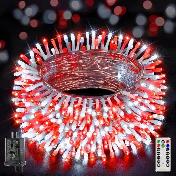 Ollny 800 LED 262ft Red&White Christmas String Lights (Clear Cable, Plug in, 8 Modes, IP44 Waterproof)