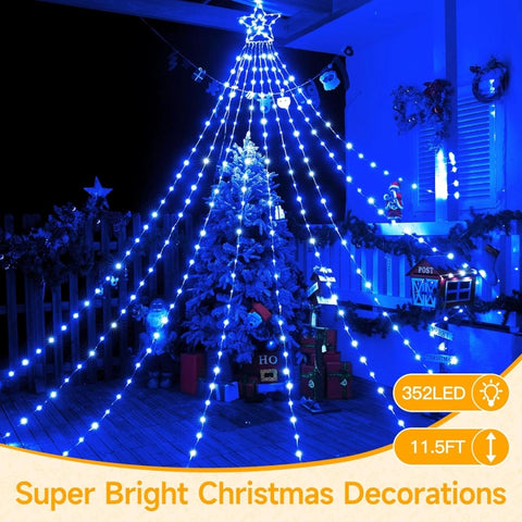 Ollny 352 Led 11.5ft Blue Waterfall Christmas String Lights (Clear Wire, IP67 Waterproof, 8 Modes)