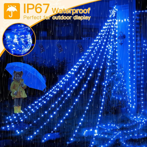 Ollny 352 Led 11.5ft Blue Waterfall Christmas String Lights (Clear Wire, IP67 Waterproof, 8 Modes)