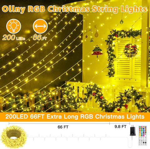 Ollny 200 LED 66ft Christmas RGB String Lights (Clear Cable, Connectable, 130 Modes)