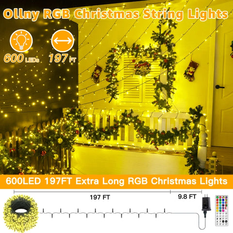 Ollny 600 LED 197ft Christmas RGB String Lights (Green Cable, 130 Modes)