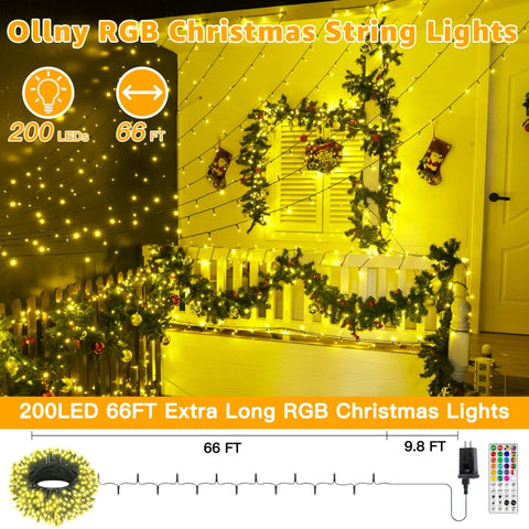 Ollny 200 LED 66ft Christmas RGB String Lights (Green Cable, Connectable, 130 Modes)